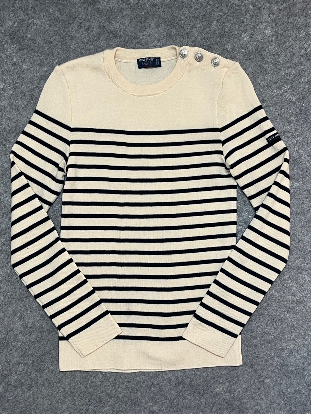 Saint James Cream and Black Striped Crewneck Sweater with Shoulder Buttons